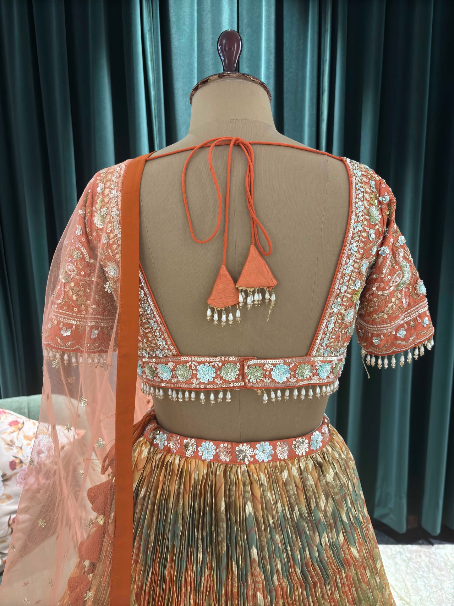 Orange Crushed Silk Multi Color Lehanga