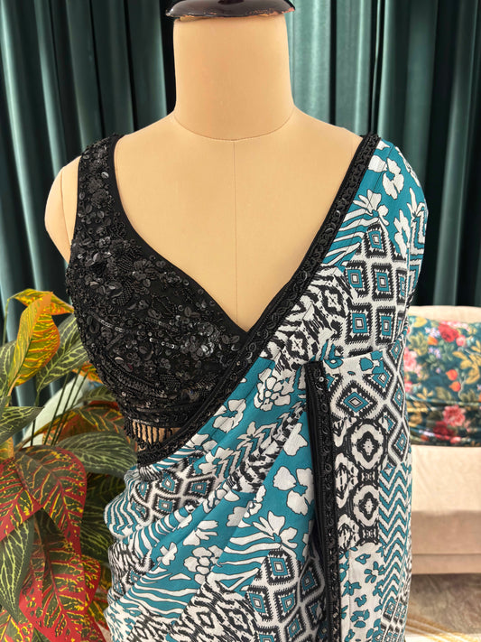 Teal Ikat Print Saree With Black Border Casual Daily Wear