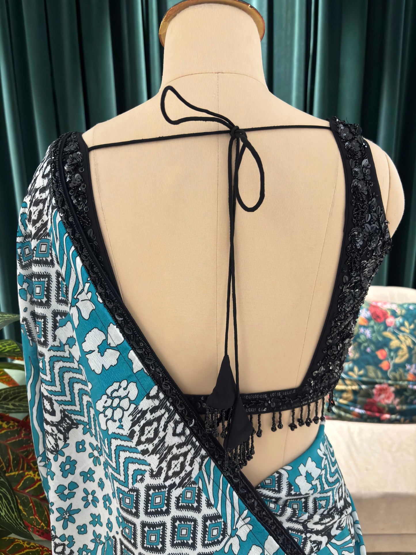 Teal Ikat Print Saree With Black Border Casual Daily Wear