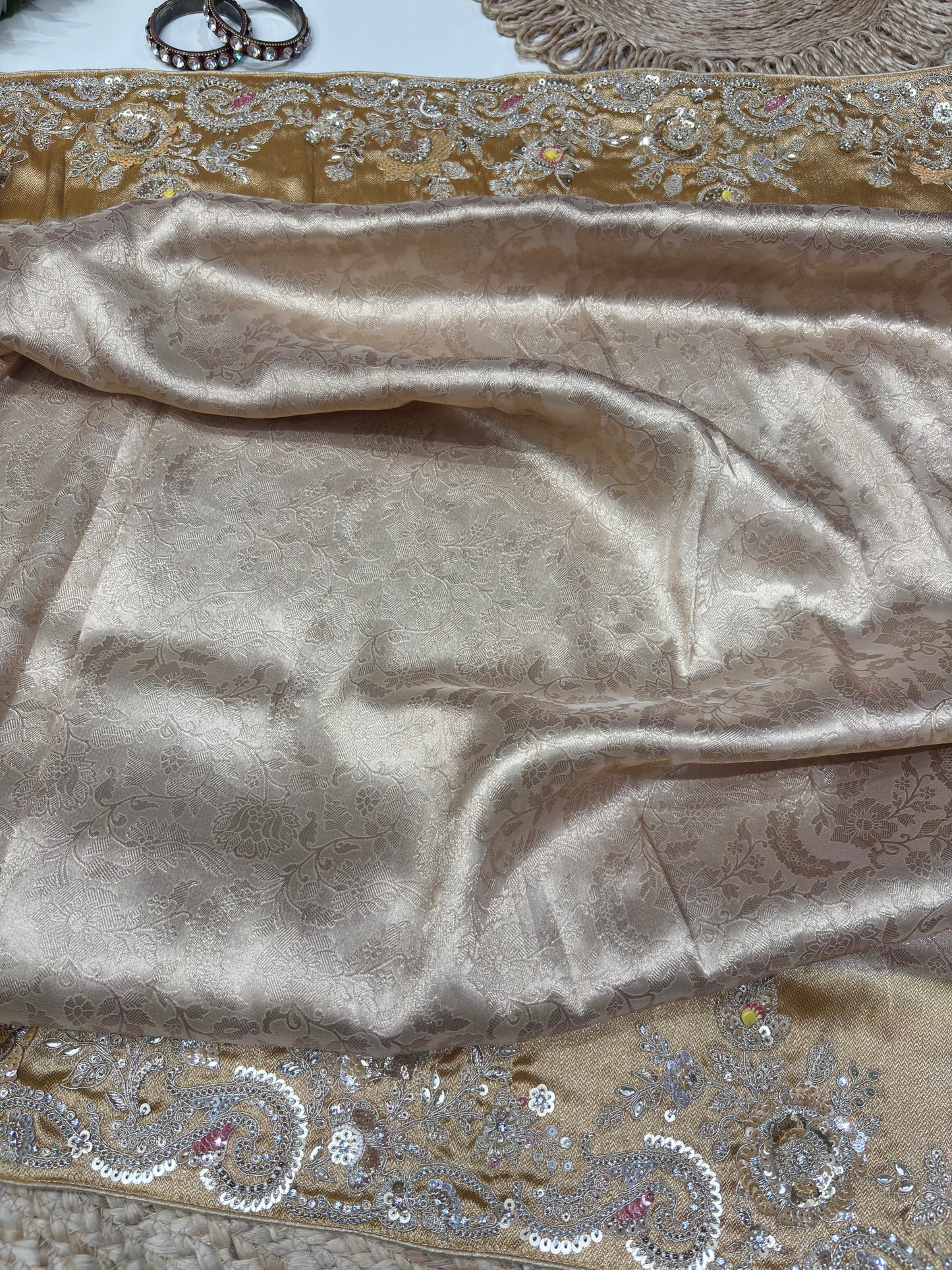 Golden Kanchipuram Silk Saree with Heavy Sequins Embroidered Border