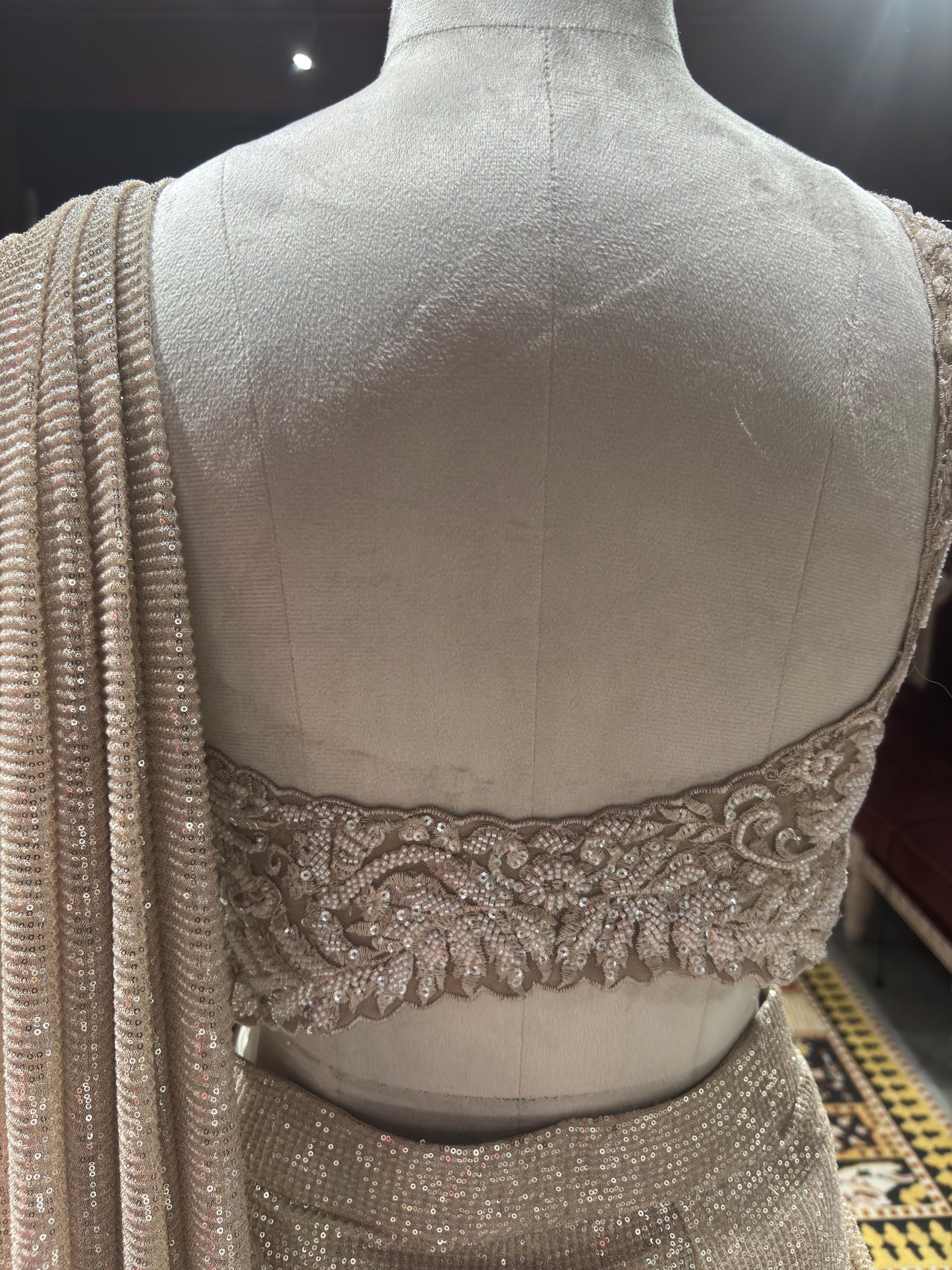 Gold Designer Sequin Drape Saree with Heavy Embroidered Blouse