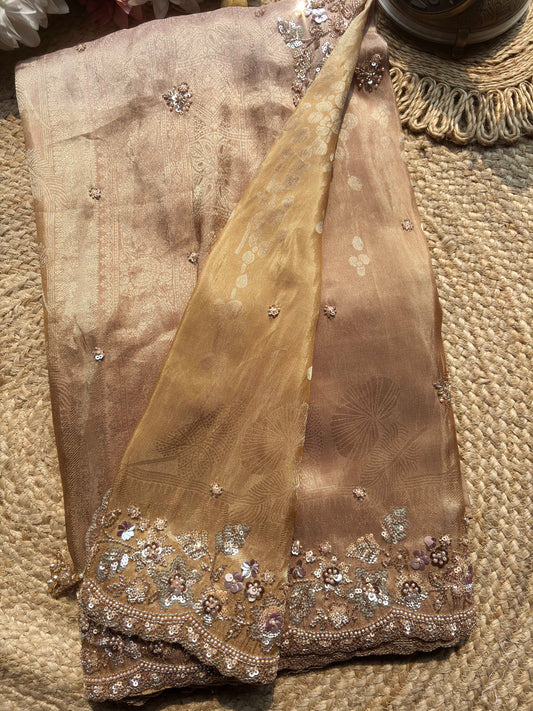 Champagne Gold Embroidered Saree with Floral Sequin Border