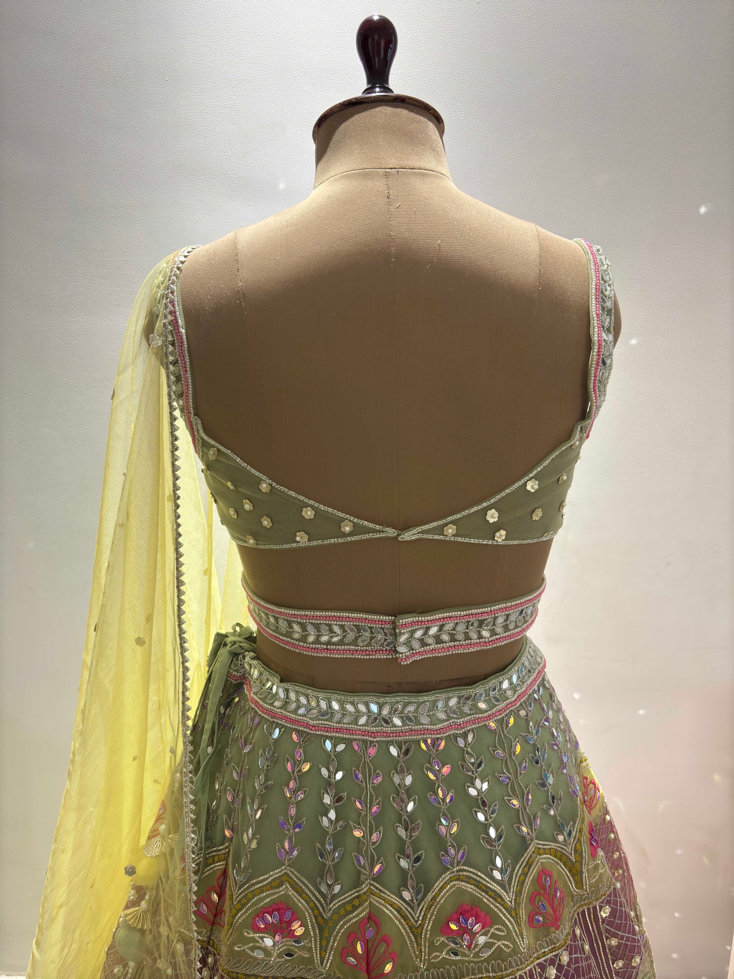 the Pista-Green Lehanga with Miror, Gotta Patti and Pearl Work