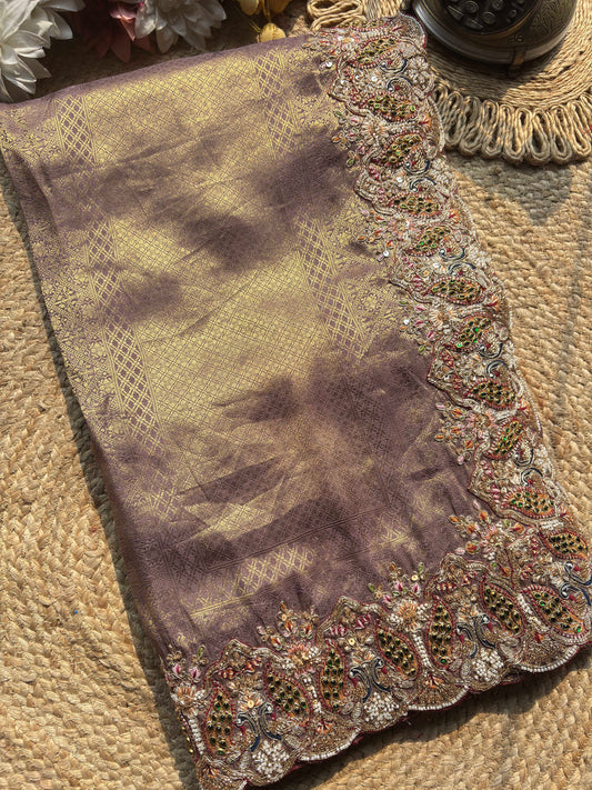Mauve Gold Woven Saree with Peacock Embroidered Border
