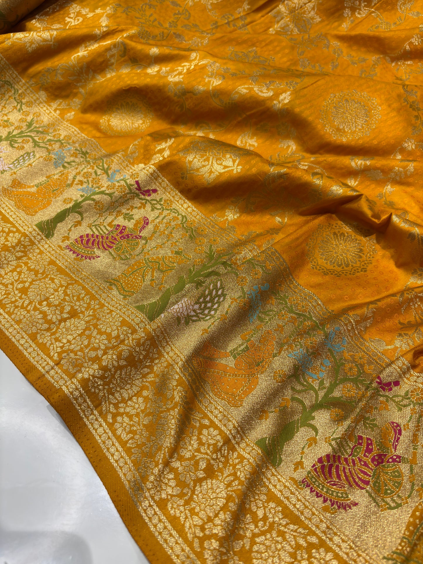 Yellow Designer Woven Saree with Rich Zari Border & Peacock Floral Pallu