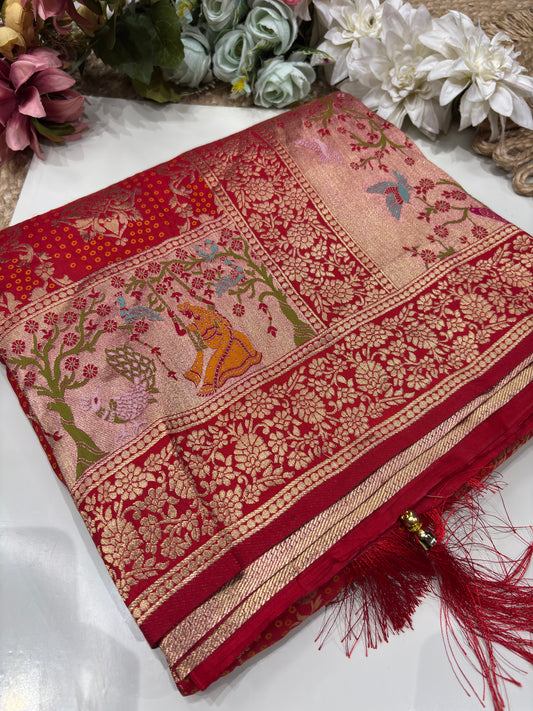 Red Designer Woven Saree with Rich Zari Border & Peacock Floral Pallu
