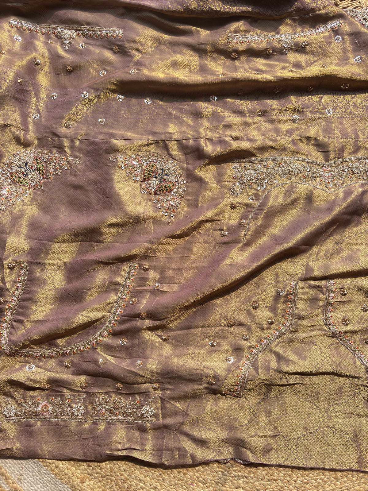 Mauve Gold Woven Saree with Peacock Embroidered Border