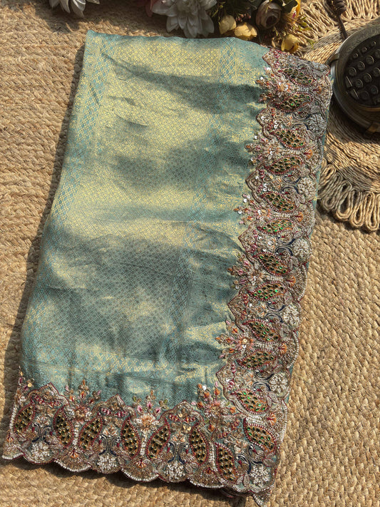 Sea Green Gold Woven Saree with Peacock Embroidered Border