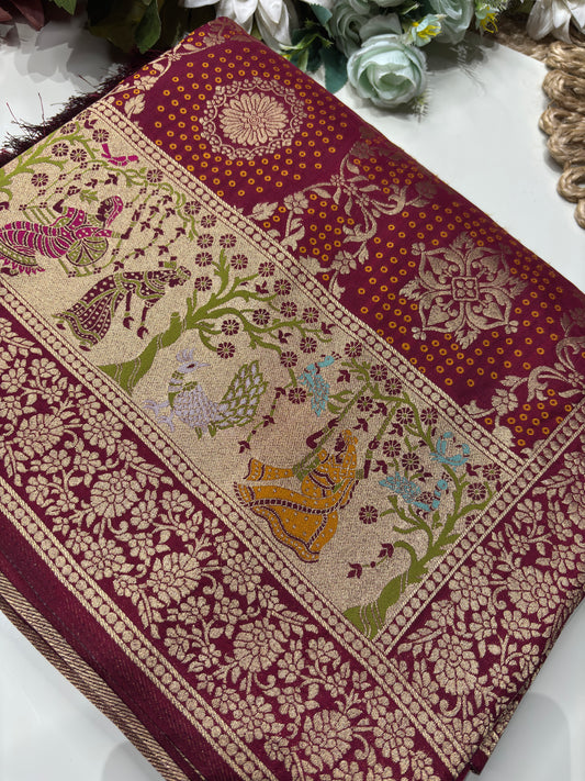 Maroon Designer Woven Saree with Rich Zari Border & Peacock Floral Pallu