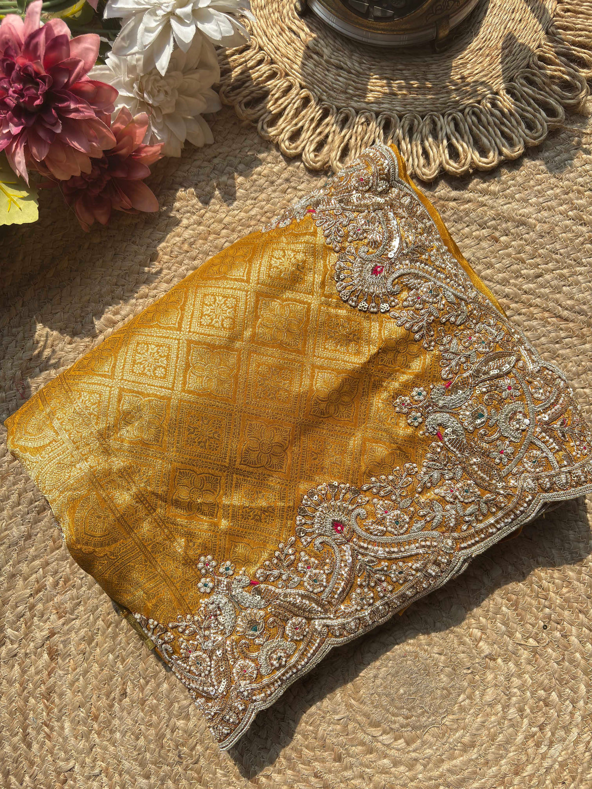 Mustard Golden Banarasi Silk Saree with Heavy Embroidered Border for Weddings