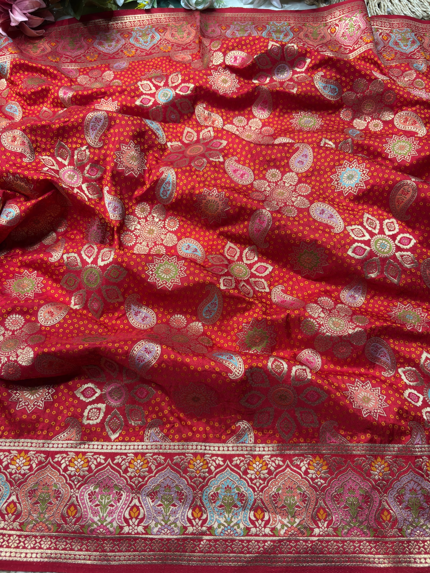 Red Designer Woven Saree with Floral Paisley Motifs & Rich Border