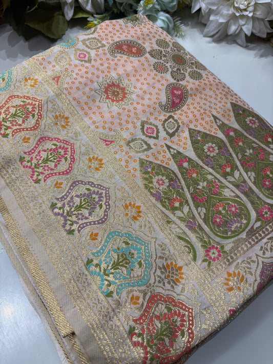 Ivory Designer Woven Saree with Floral Paisley Motifs & Rich Border
