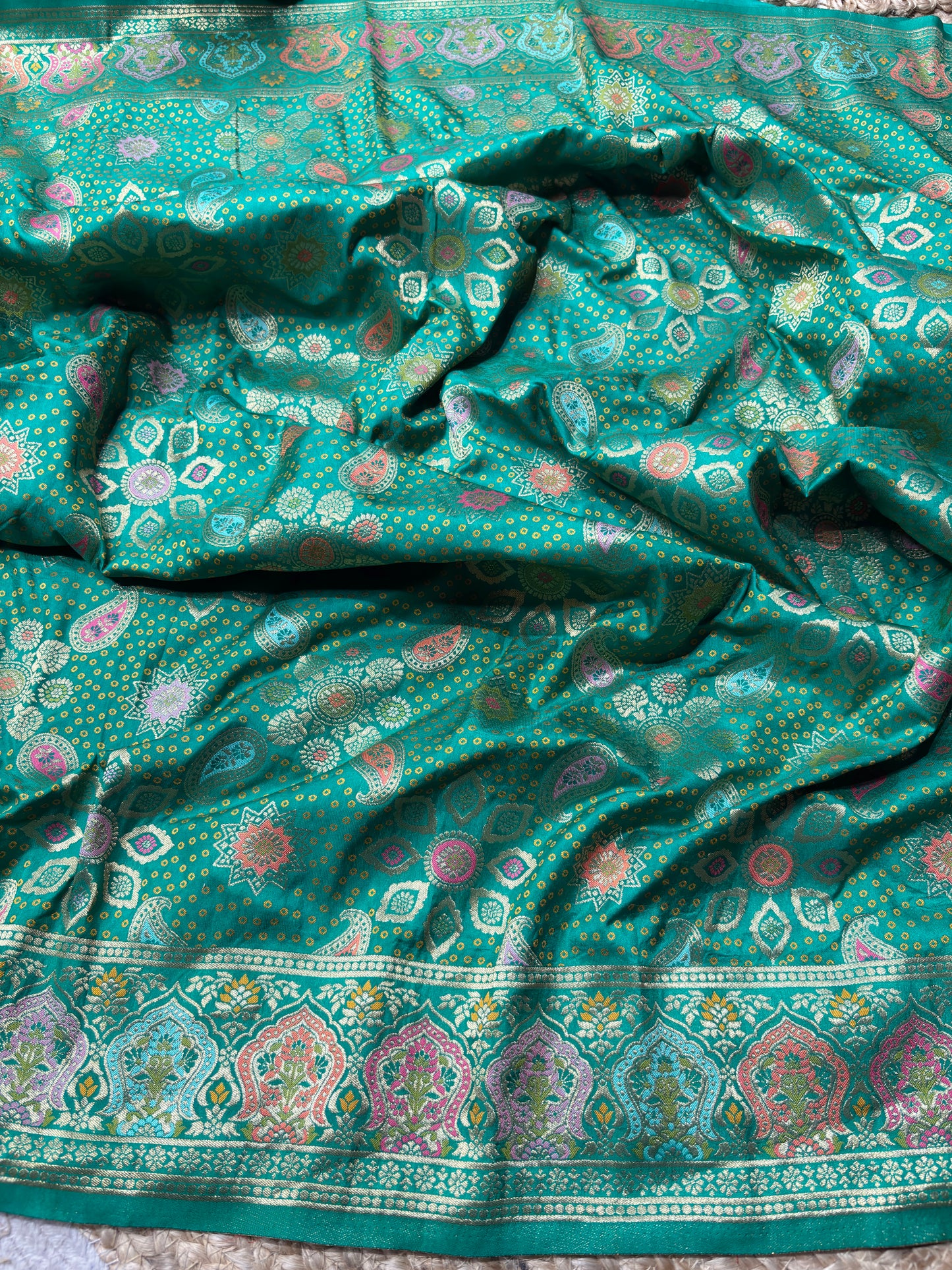 Teal Green Designer Woven Saree with Floral Paisley Motifs & Rich Border