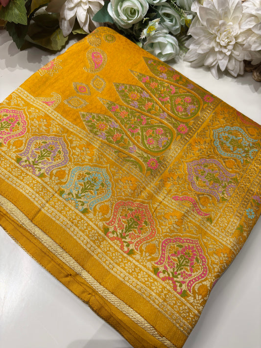 Yellow Designer Woven Saree with Floral Paisley Motifs & Rich Border