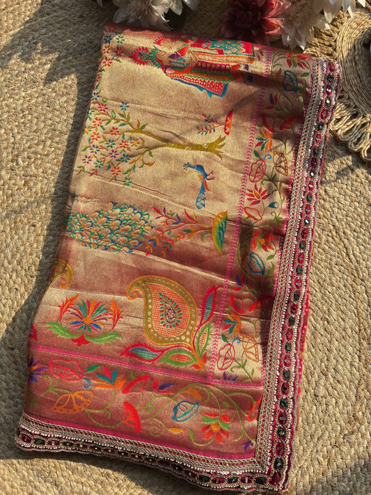 Designer Saree with Multicolor Floral & Peacock Motifs and Embroidered Blouse