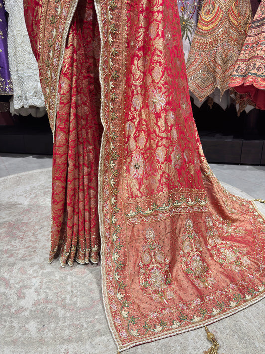 Red Designer Saree with Golden Zari Embroidery & Embellished Pallu
