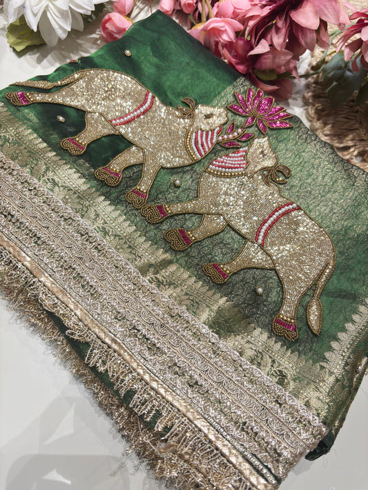 Green Designer Saree with Elephant Lotus Embroidery & Rich Zari Border