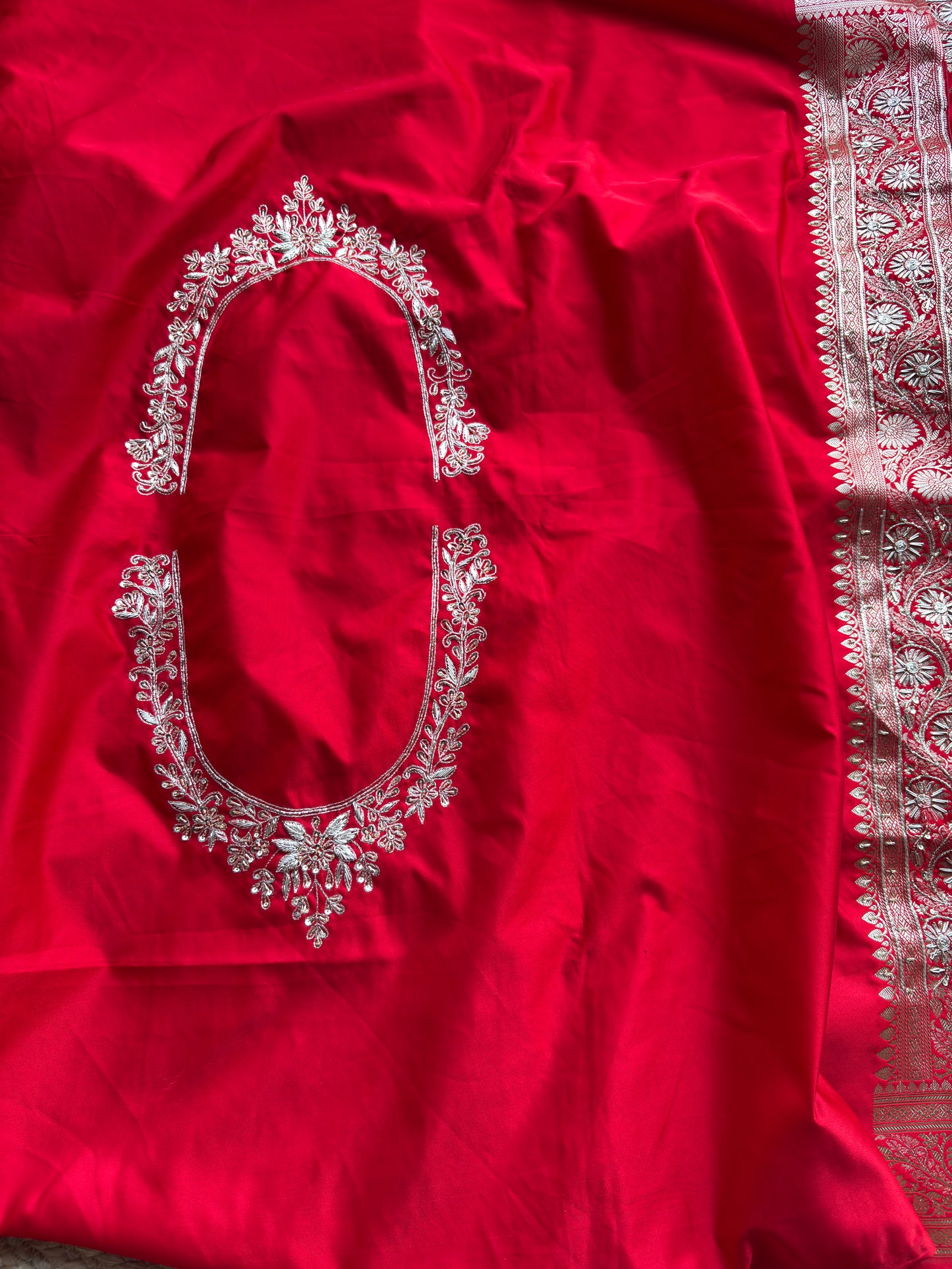 Red Designer Saree with Heavy Silver Zari Embroidery & Buti Work