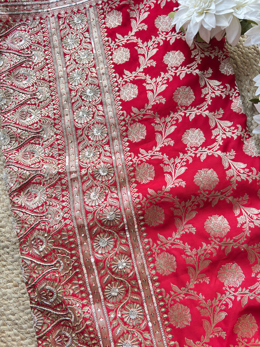 Designer Saree with Heavy Silver Zari Floral Work & Embellished Border