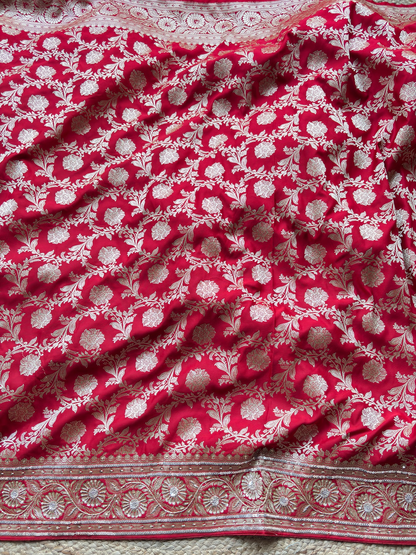 Designer Saree with Heavy Silver Zari Floral Work & Embellished Border