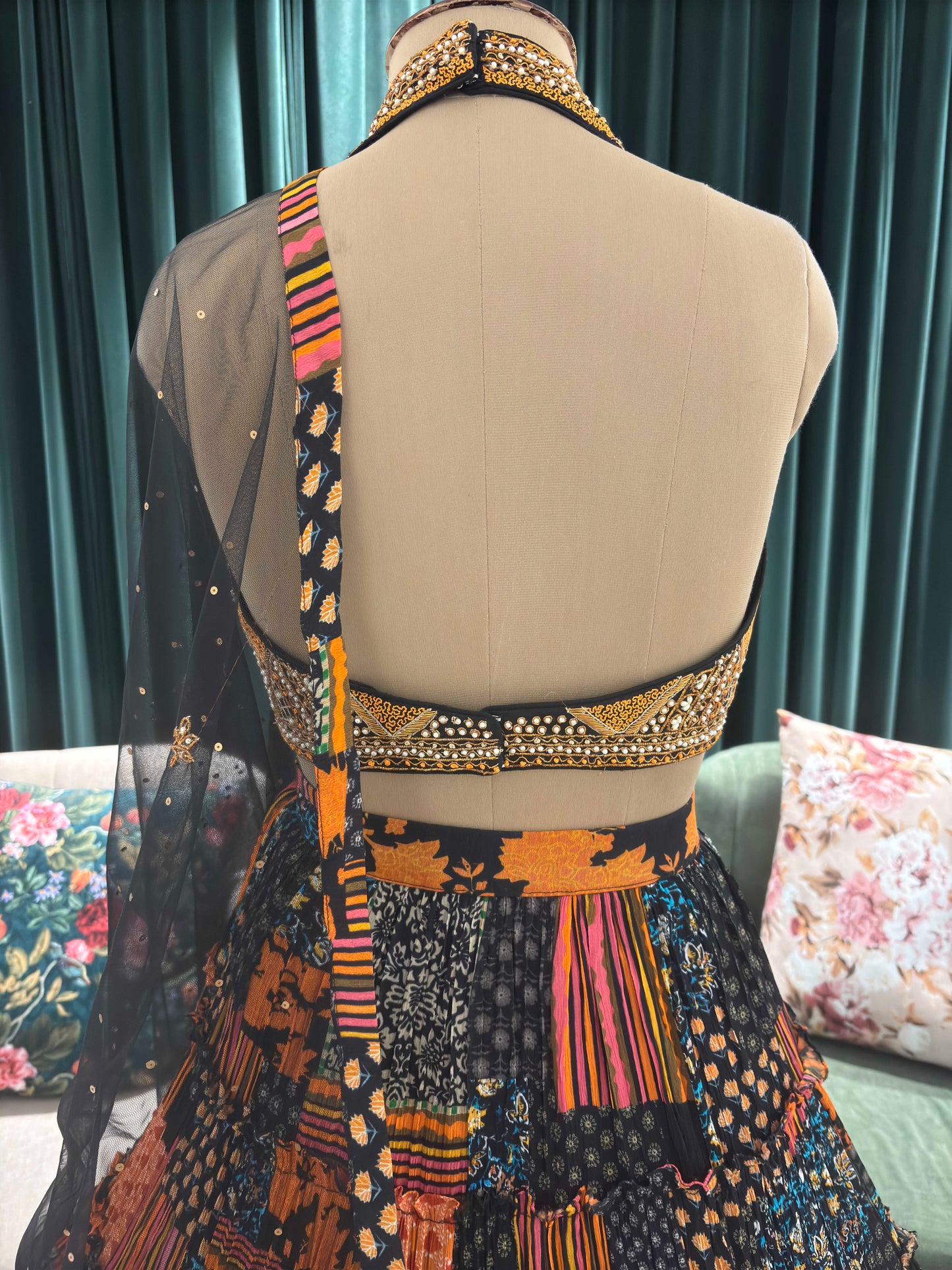 Black Patchwork Lehenga Choli with Green Net Dupatta