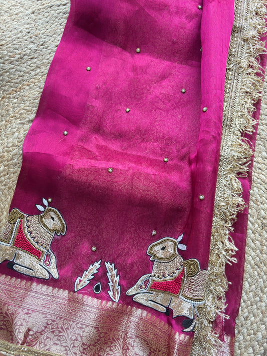 Rani Saree with Pure Banarasi Tissue Pichwai Motif & Zari Border