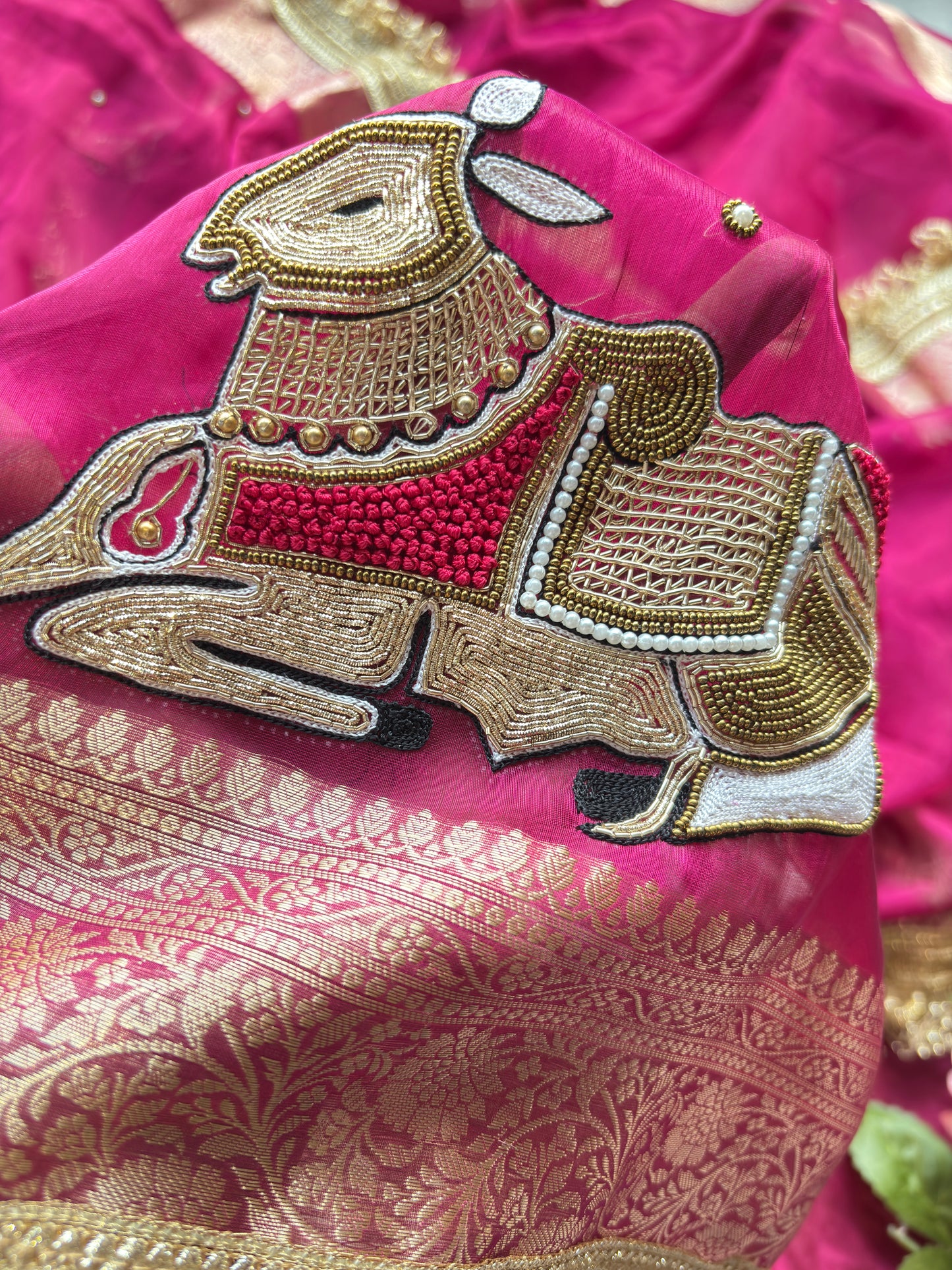 Rani Saree with Pure Banarasi Tissue Pichwai Motif & Zari Border