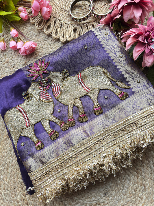 Purple Saree with Pure Banarasi Tissue Nandi Motif & Rich Zari Border