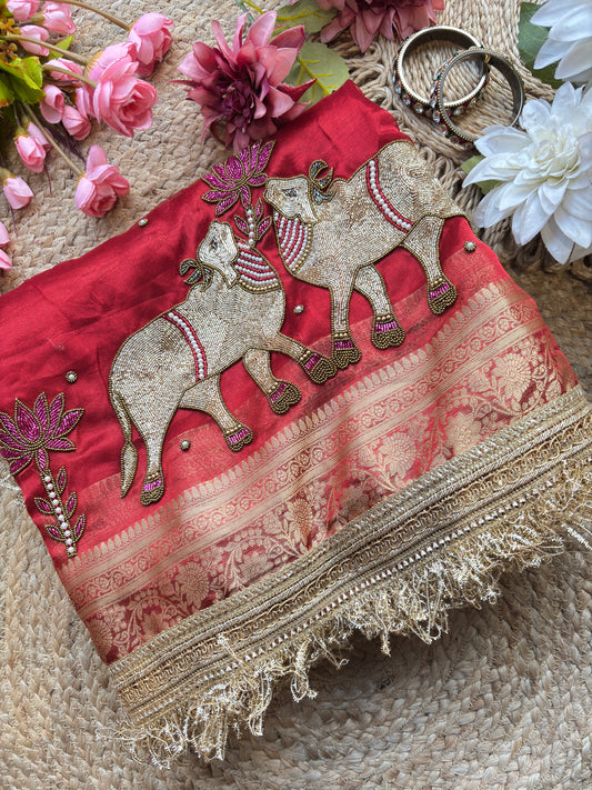 Red Saree with Pure Banarasi Tissue Nandi Motif & Rich Zari Border