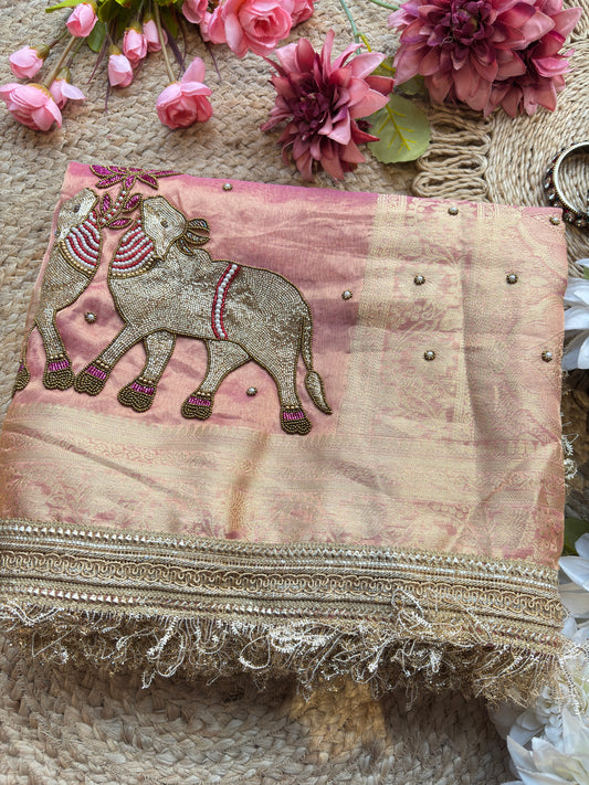 Blush Pink Saree with Pure Banarasi Tissue Nandi Motif & Zari Border
