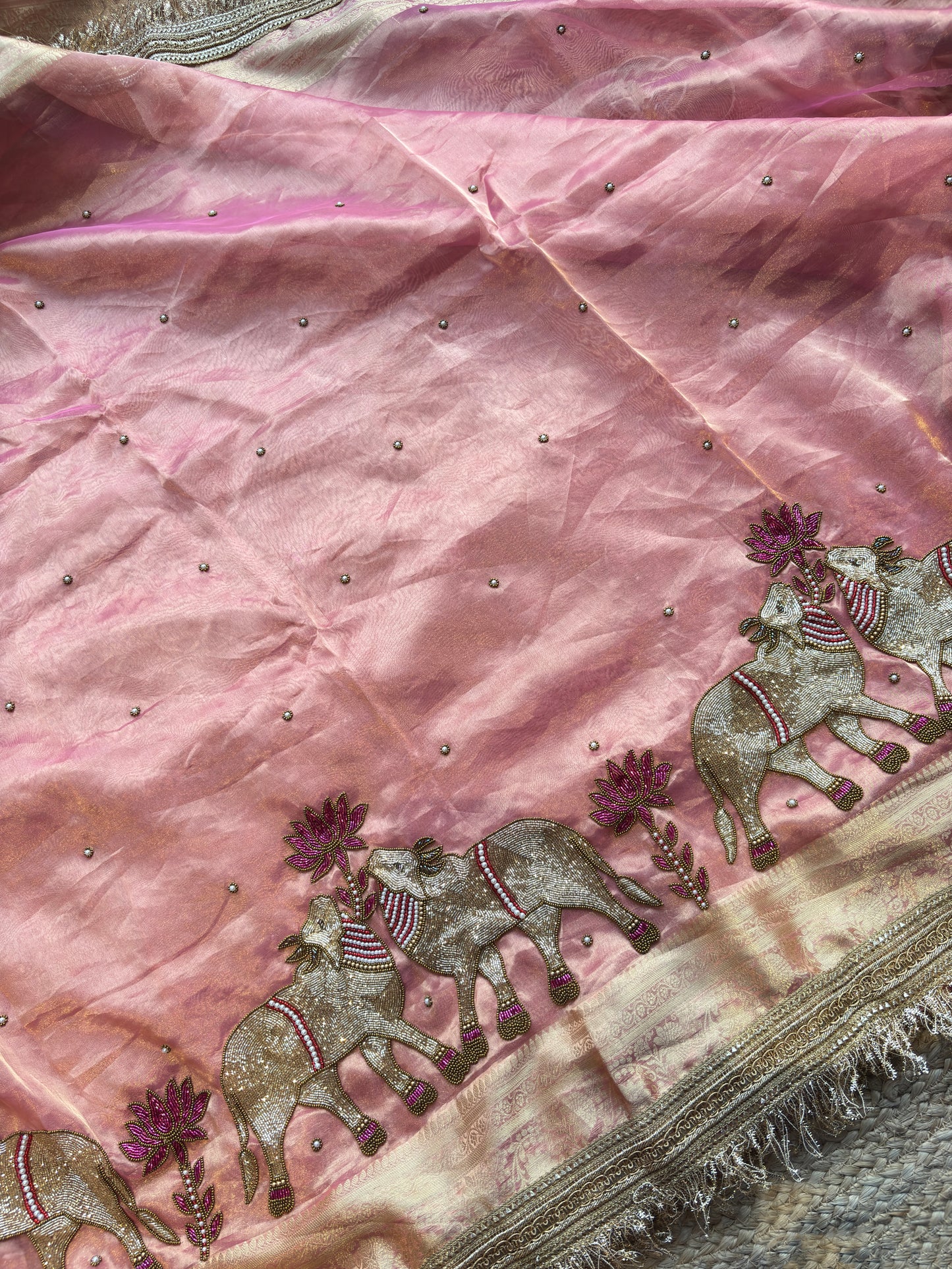 Blush Pink Saree with Pure Banarasi Tissue Nandi Motif & Zari Border