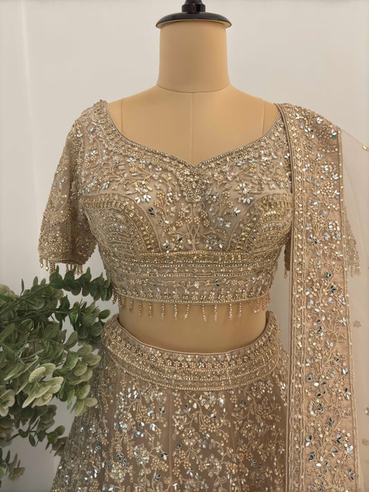 Grand Bridal Golden Lehenga with Sequins, Pearl & Miror Work