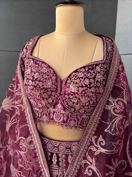 Wine Micro Velvet Lehenga with Zari, Sequins & Pearl Work