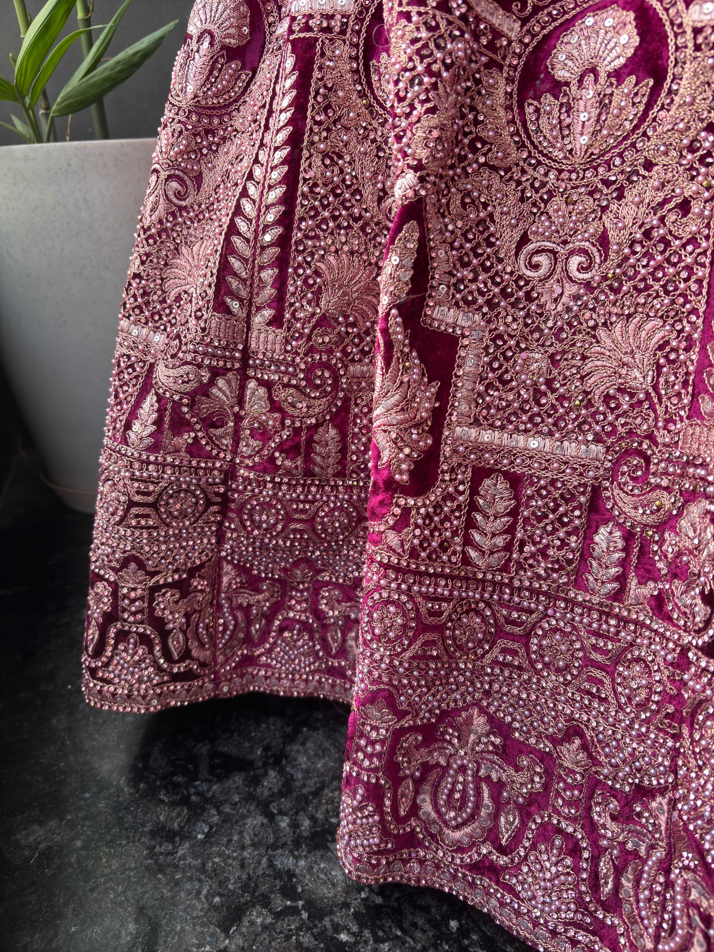 Wine Micro Velvet Lehenga with Zari, Sequins & Pearl Work