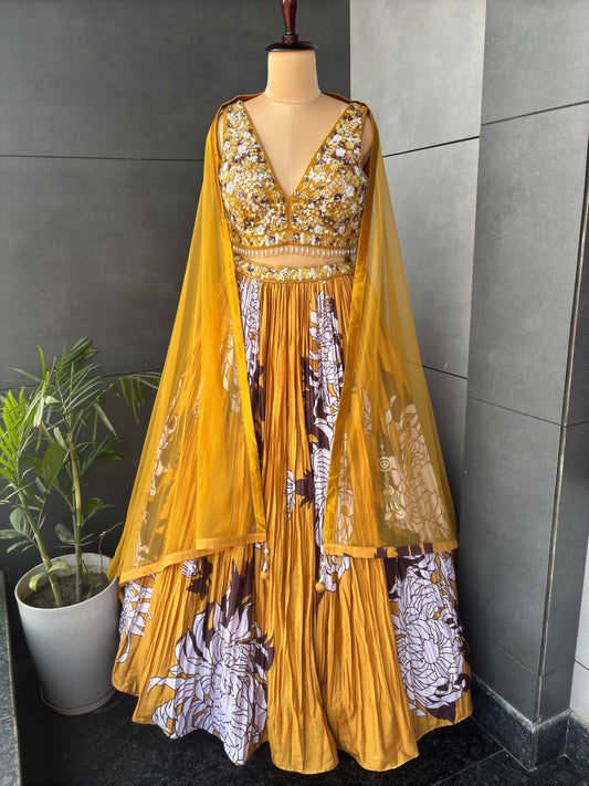 Mustard Yellow Floral Print Lehenga with Embroidered Blouse
