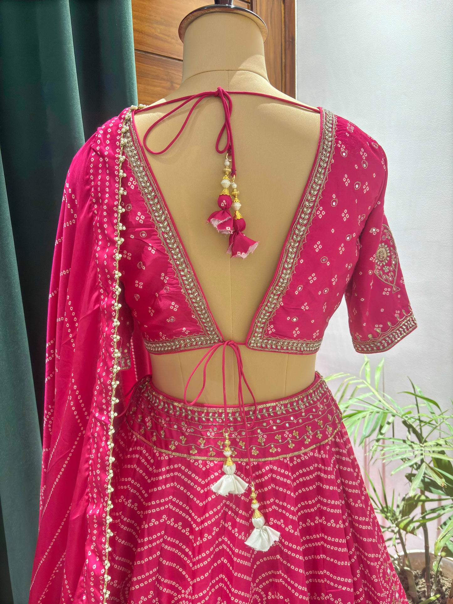 Bandhani Crepe Lehenga with Sequins & Pearl Work
