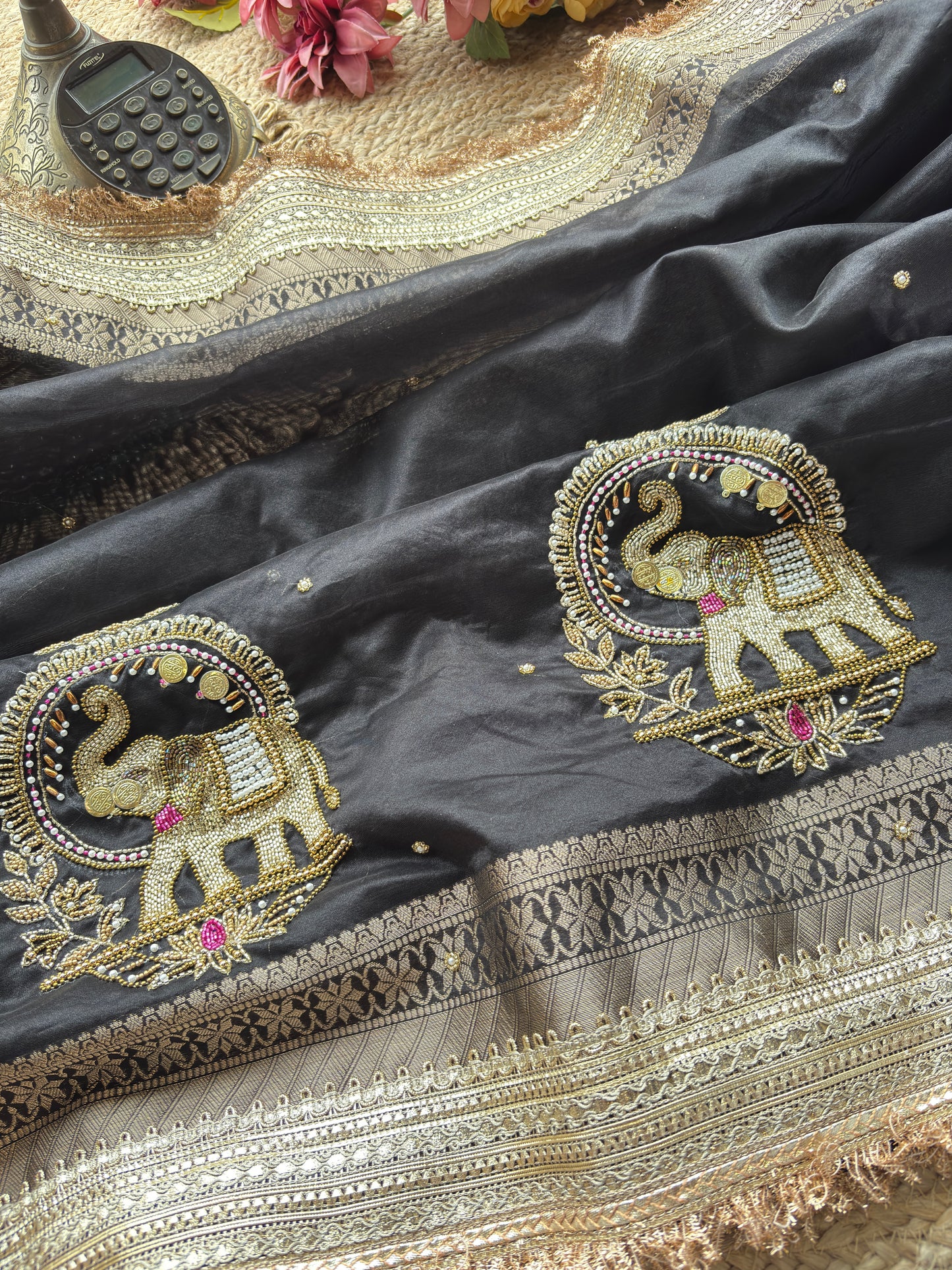 Black Gajanand Maharani Saree With Embroidery and Golden Border