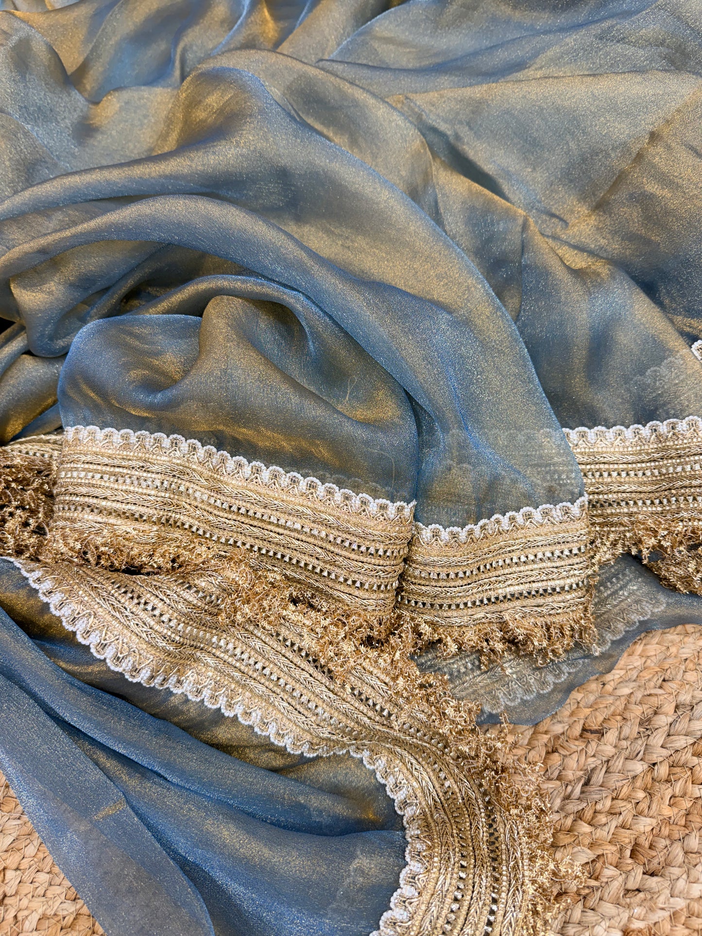 Elegant Grey Banarasi Saree with Golden Border | Wedding & Festive Wear