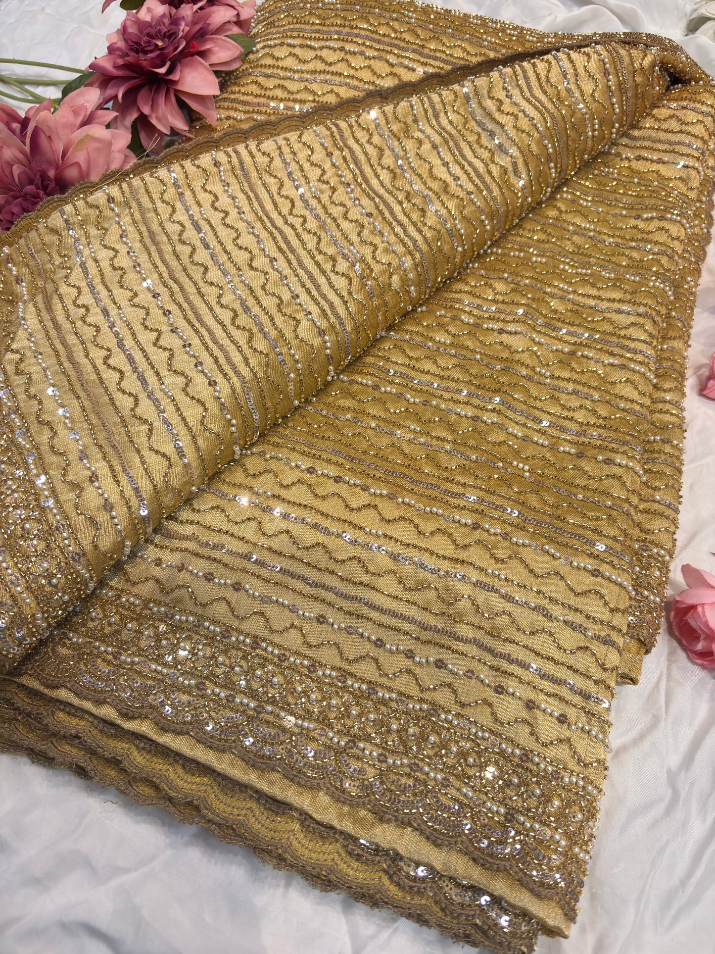Luxury Golden Designer Saree with Heavy Sequin & Pearl Embroidery