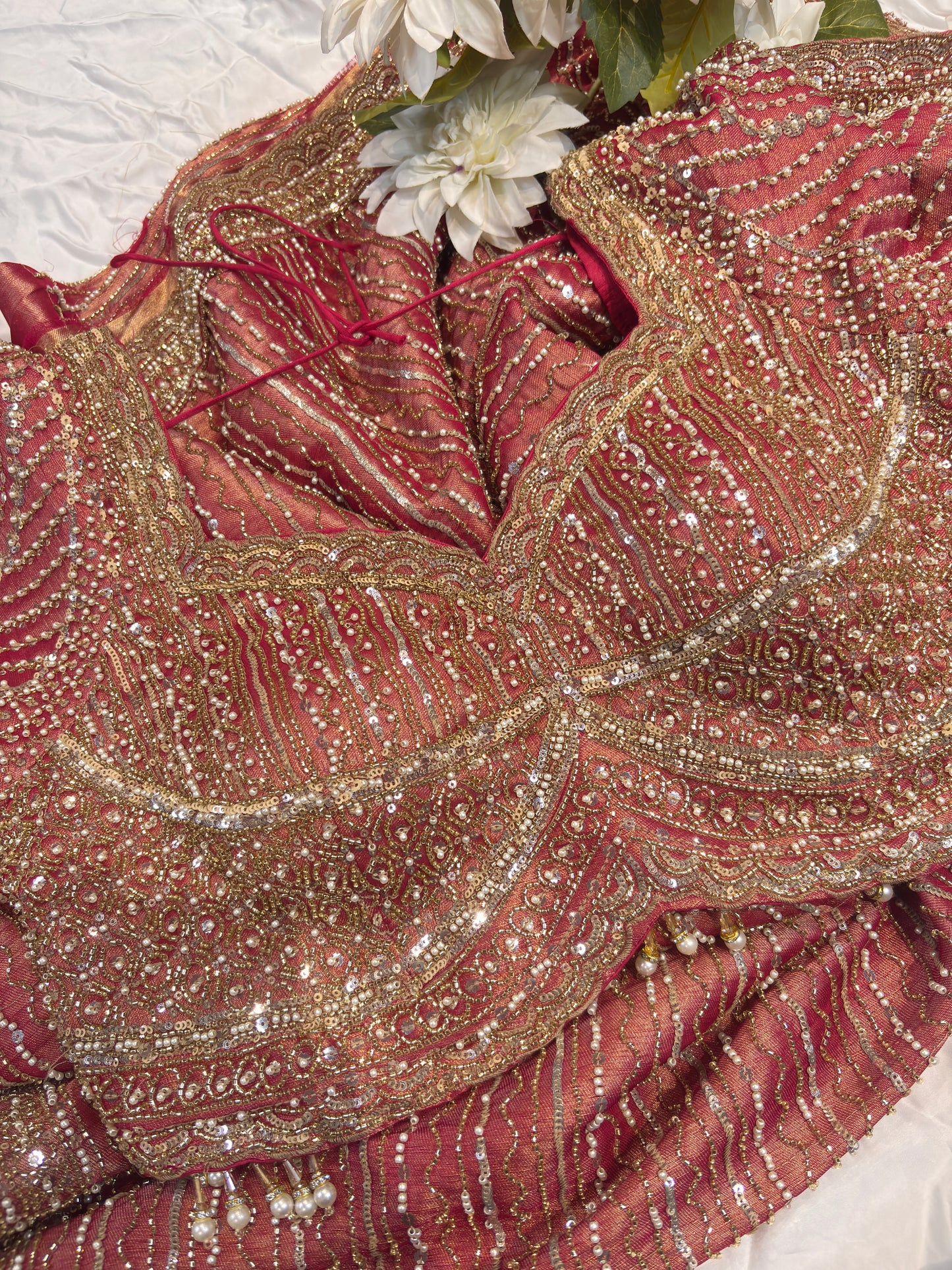 Elegant Rust Designer Saree with Heavy Sequin & Pearl Embroidery
