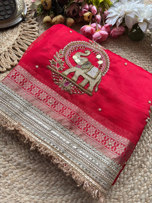 Rani Gajanand Maharani Saree With Embroidery and Golden Border