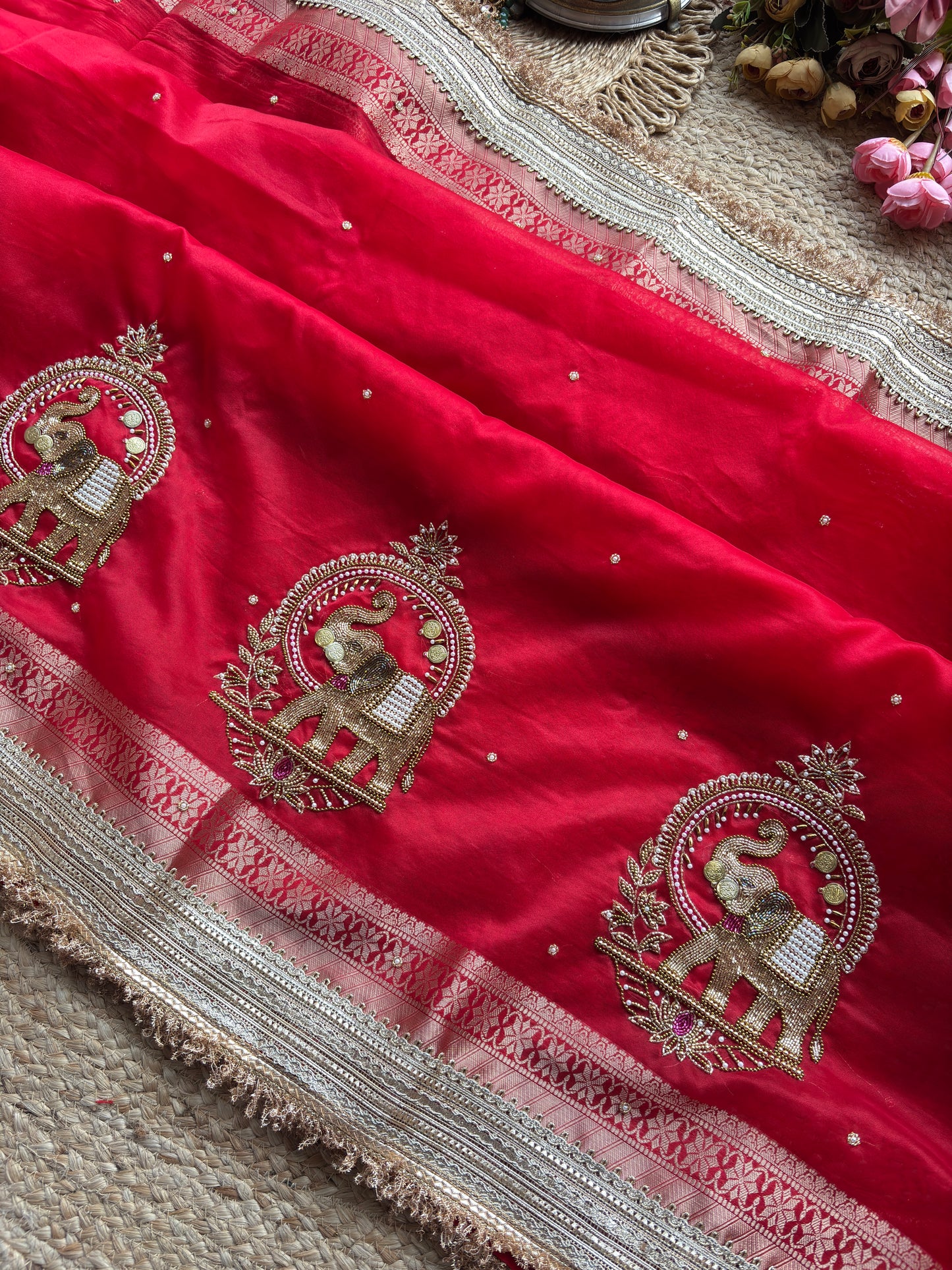 Rani Gajanand Maharani Saree With Embroidery and Golden Border