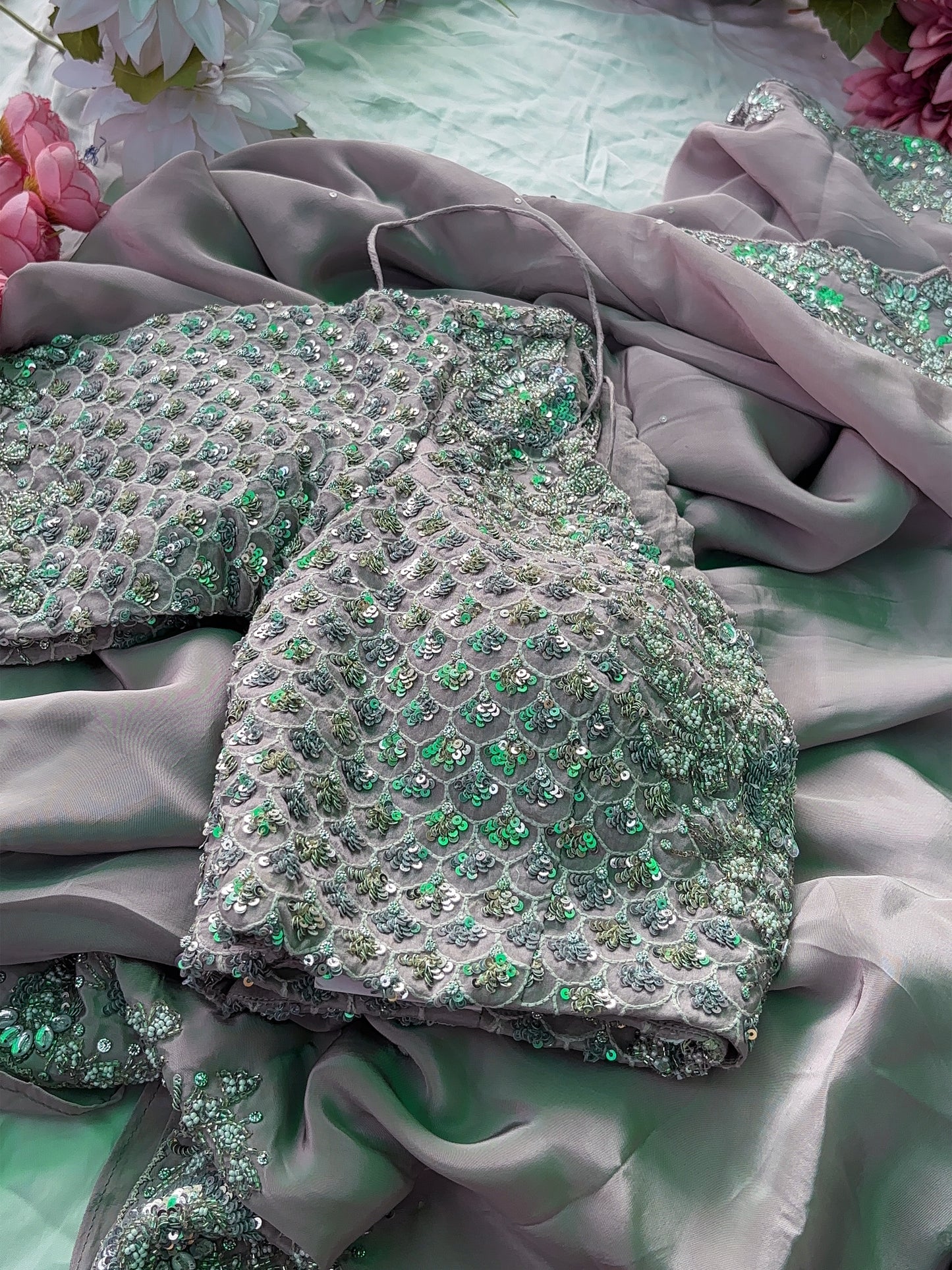 Elegant Pink Designer Saree with Sequin & Hand Embroidery Blouse