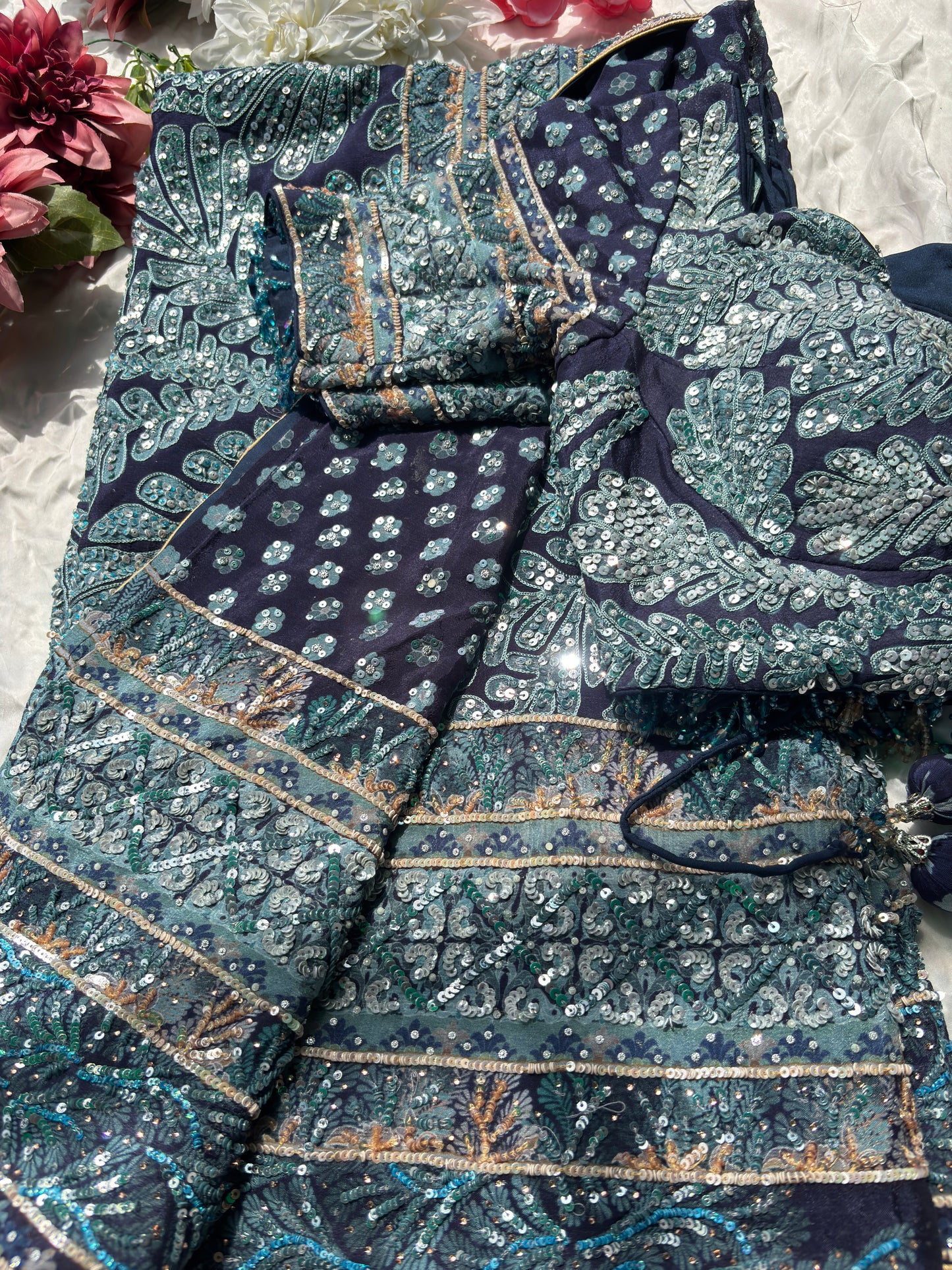 Navy Blue Designer Saree with Sequin Embroidery & Heavy Work Blouse