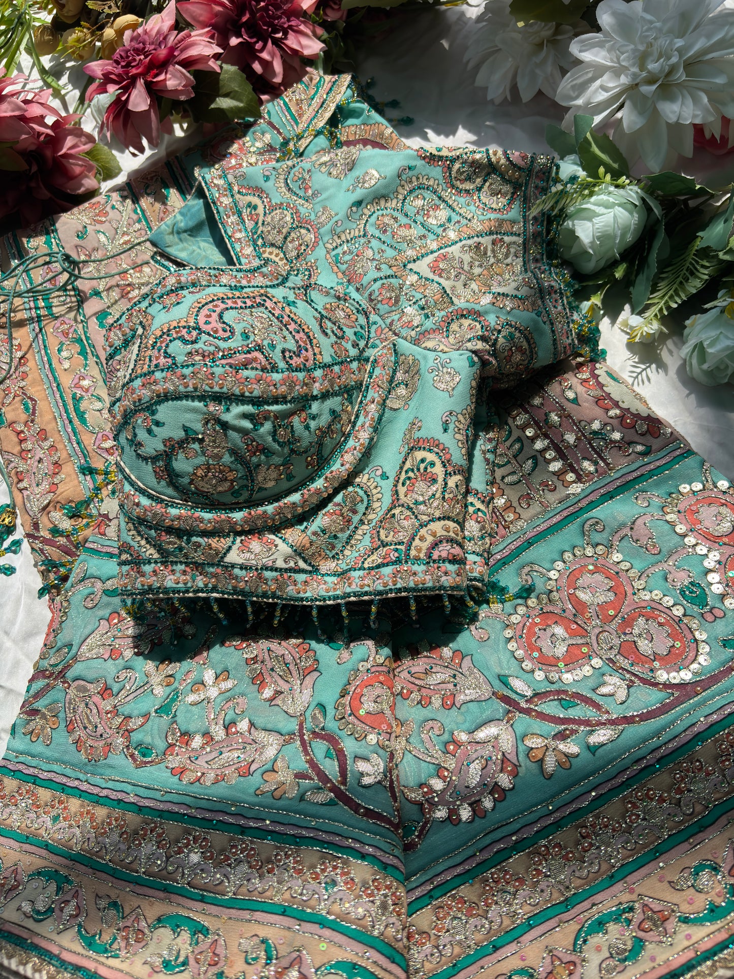 Pastel Designer Saree with Paisley Print & Sequin Embellished Blouse