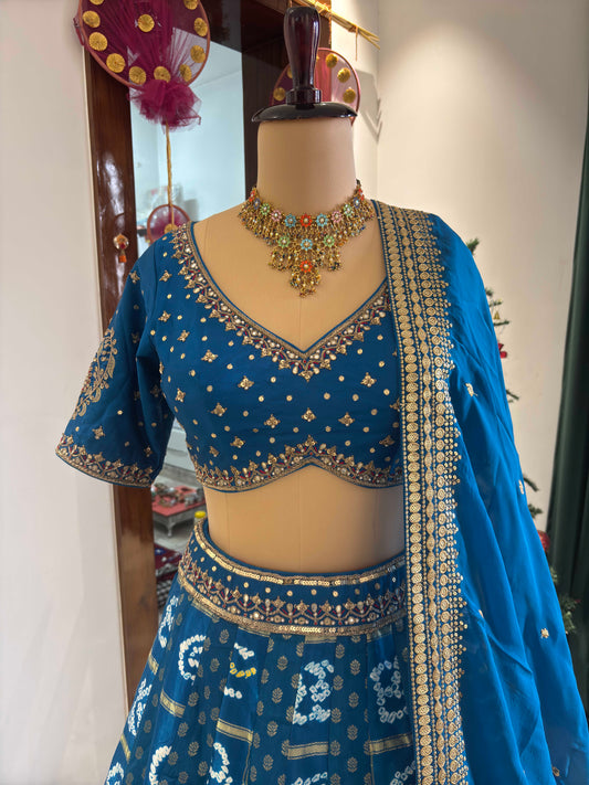 Royal Blue Bandhani Print Embroidered Lehenga Set