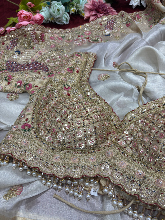 Elegant Ivory Silk Saree with Peacock Embroidery & Heavy Bridal Blouse