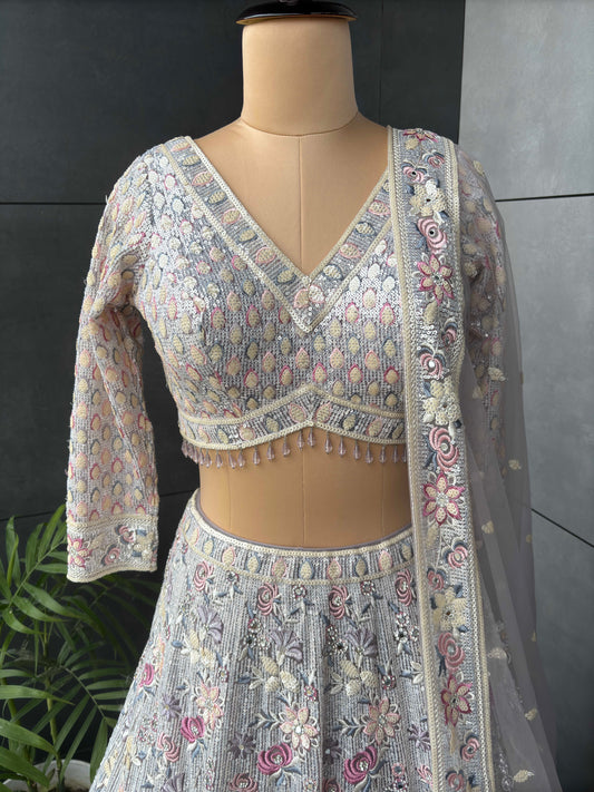 Off-White Designer Lehenga with Miror & Sequins Work