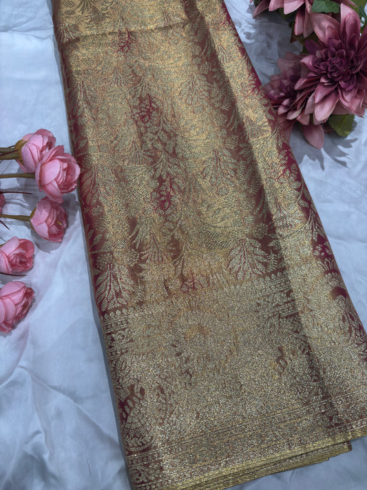 Wine Gold Kanchipuram Silk Saree with Floral Zari Weaving