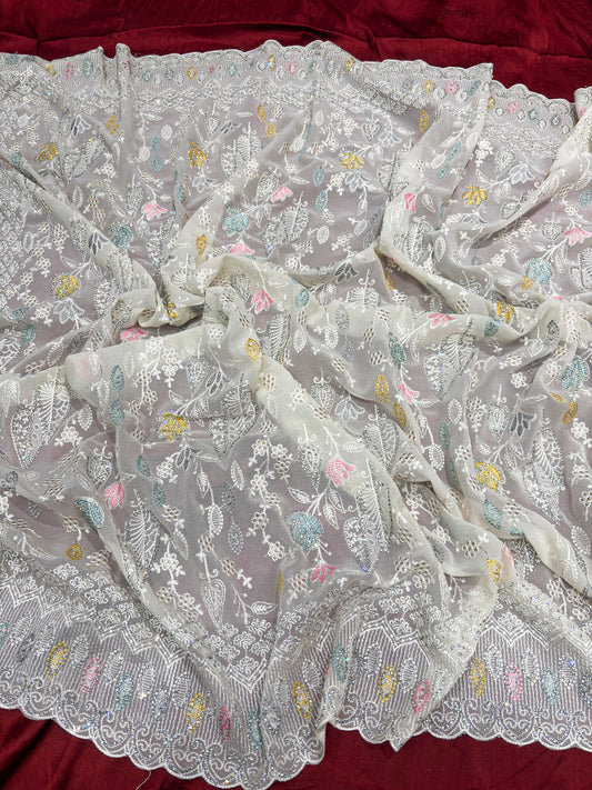 Ivory Saree with Multicolor Floral Embroidery & Sequin Work